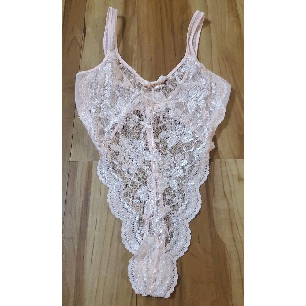 Victoria's Secret 80s Size M Thong Lace Teddy Body Suit USA Light Pink Hi Cut